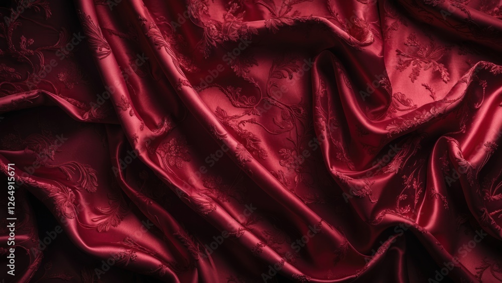 Aufkleber Red silk fabric texture with intricate floral patterns draped elegantly creating soft folds and shadows Copy Space