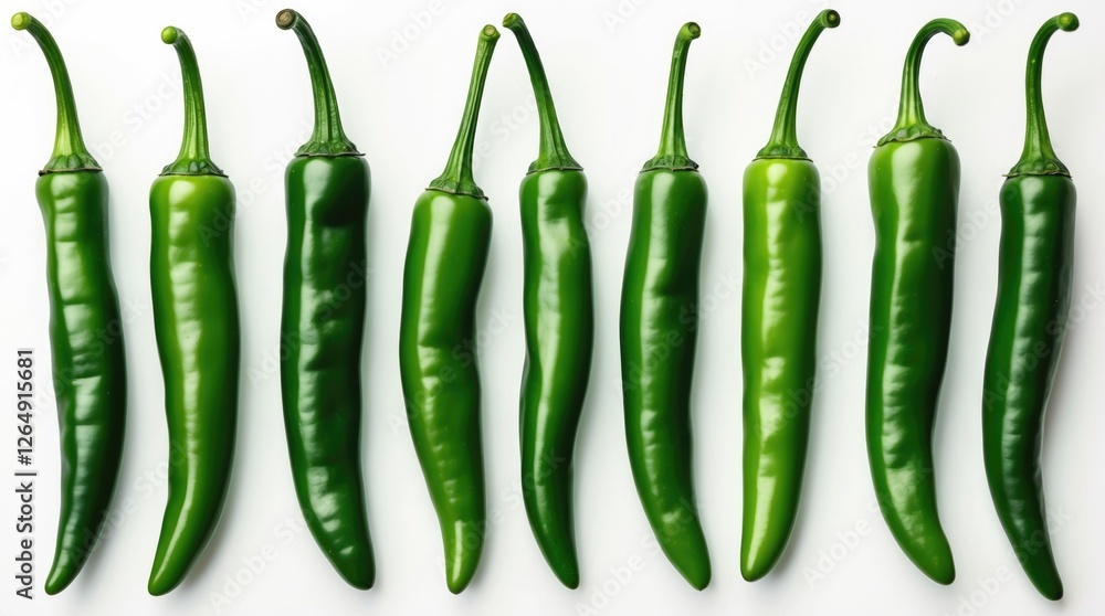 Poster Fresh green chili peppers arranged in a row on white background with copy space for text
