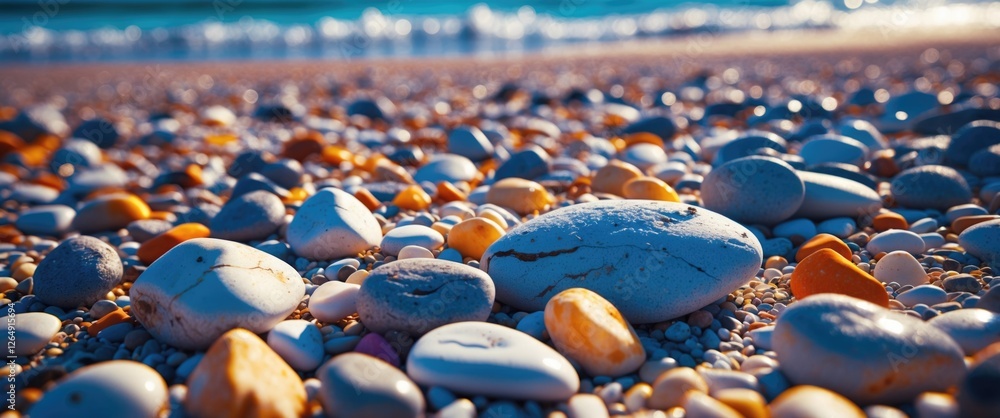 Poster colorful pebbles and smooth stones scattered on sandy beach with ocean waves in background and copy 