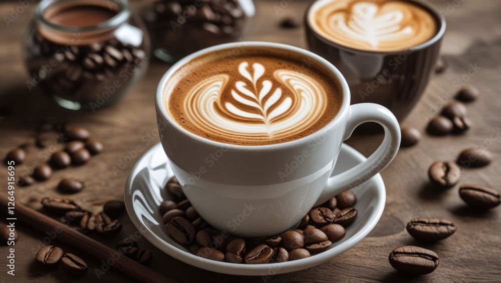 Aufkleber coffee cup with latte art surrounded by coffee beans and jars on wooden table with copy space