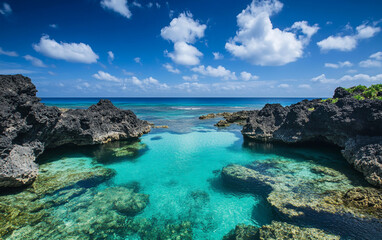 Fototapeta premium Breathtaking vistas of crystal-clear azure waters, framed by dramatic black rock islands, creating a mesmerizing and picturesque seascape.
