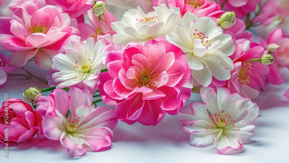 Poster colorful arrangement of pink and white flowers with green foliage on a soft background ideal for var