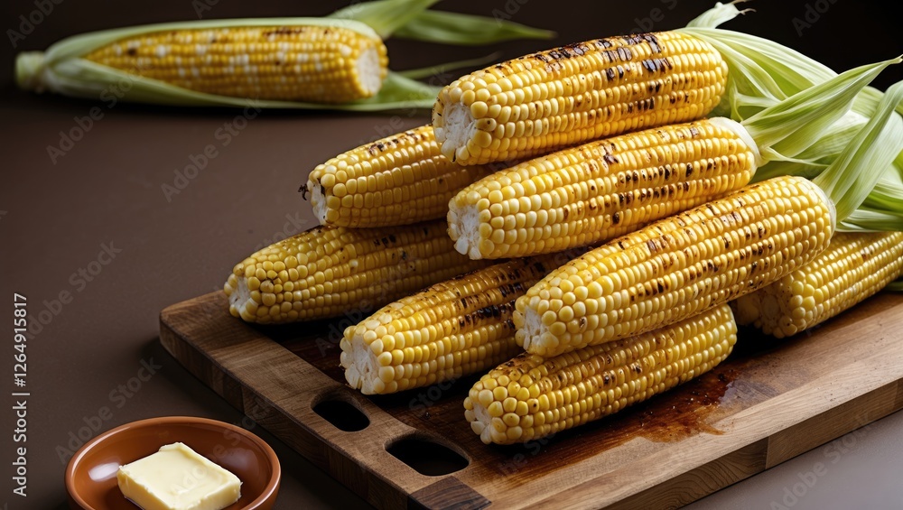 Aufkleber grilled corn on the cob stacked on a wooden cutting board with butter and additional corn in the bac