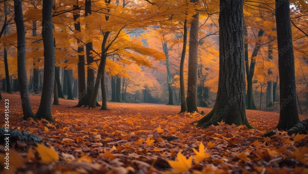 Poster scenic autumn forest landscape with vibrant orange leaves on trees and ground creating a tranquil at