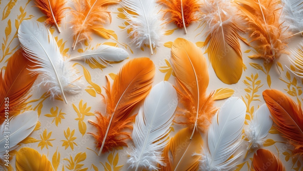 Aufkleber Colorful orange and white feathers arranged on a floral patterned background with ample copy space for text placement