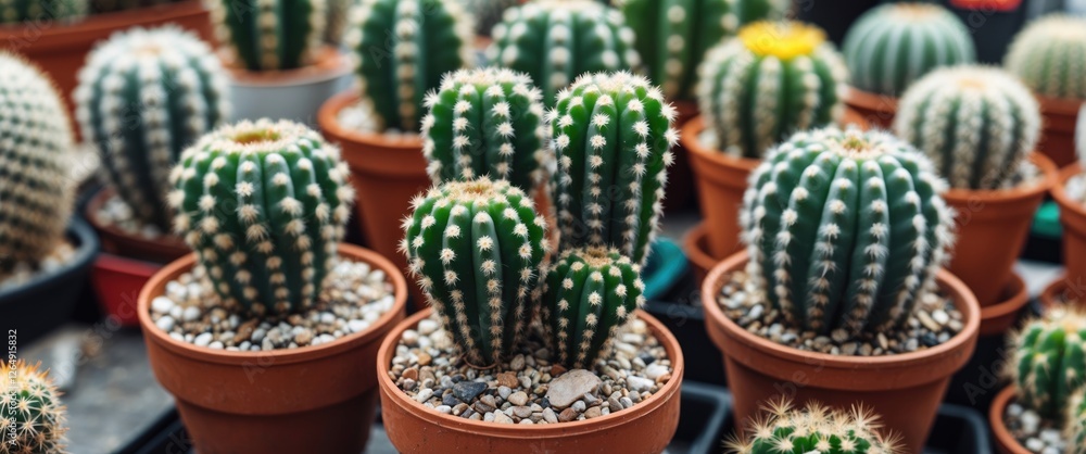 Poster various cacti in terracotta pots with pebbles garden display featuring distinct shapes and colors co