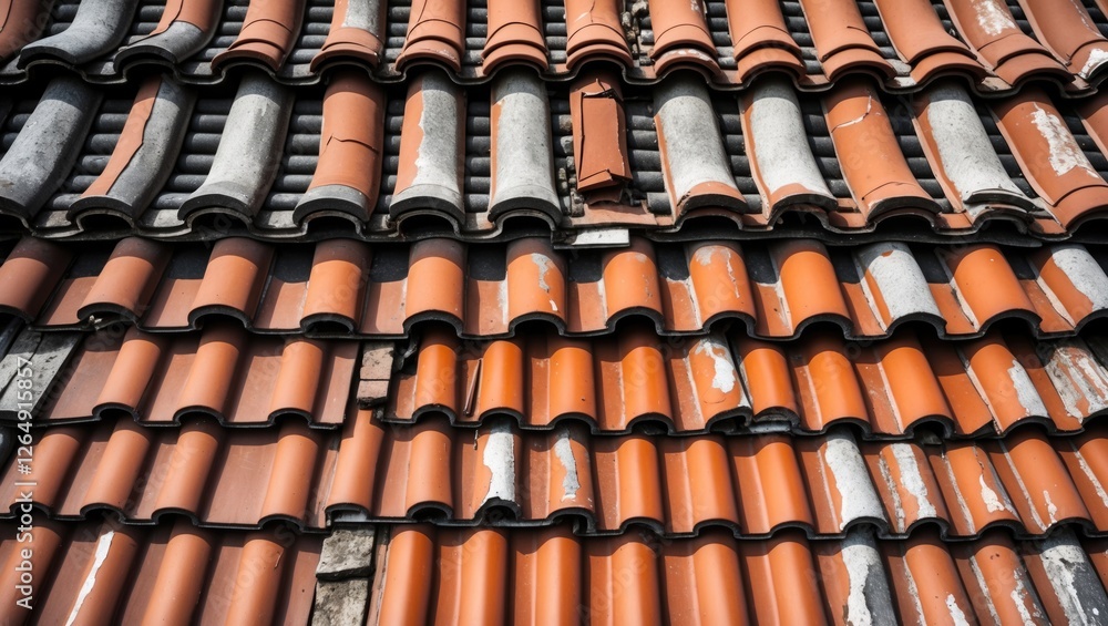 Aufkleber close-up of weathered terracotta roof tiles showing distinct color variations and texture details wi