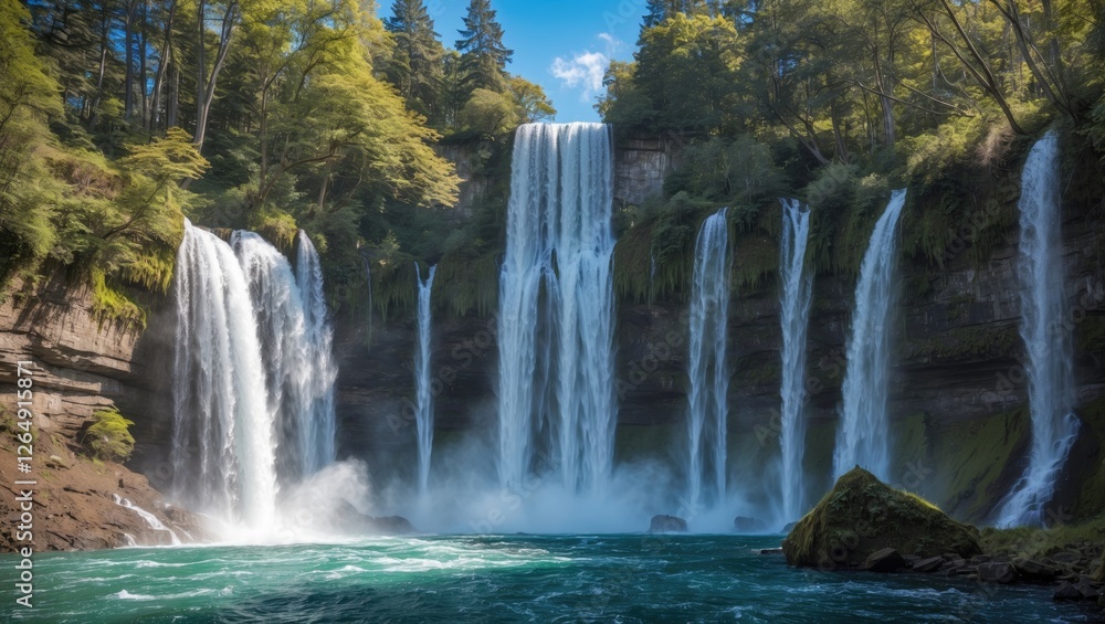 Poster waterfall cascading into turquoise pool surrounded by lush greenery and rocky terrain with clear blu