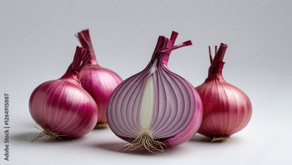Aufkleber Fresh cut red onions with detailed layers and roots in a minimalist setting on a neutral background. Copy Space.