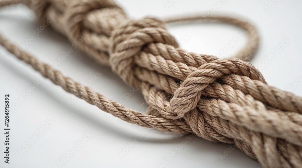 Aufkleber Close-up of a tied natural rope arranged in an intricate knot on a light background with copy space for text.
