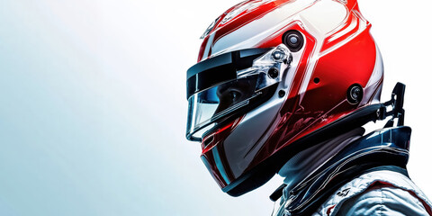 Race car driver wearing helmet and neck protection gear