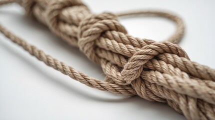 Close-up of a tied natural rope arranged in an intricate knot on a light background with copy space for text.