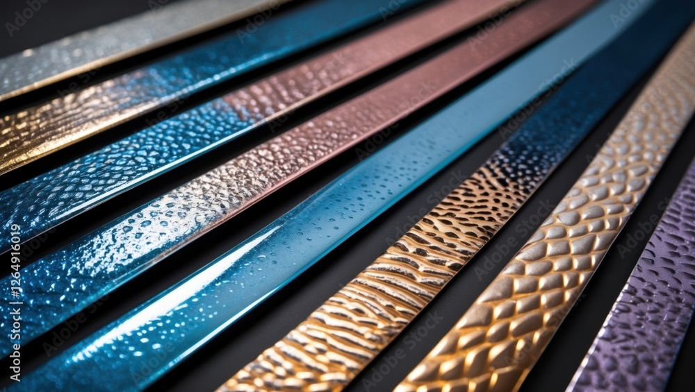 Poster Metallic textured strips in various colors arranged diagonally on a dark surface with reflections and highlights Copy Space