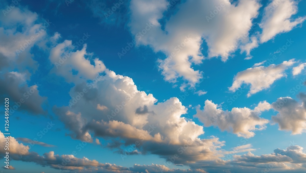 Poster sky with fluffy white clouds scattered across a bright blue background during daytime with soft sunl