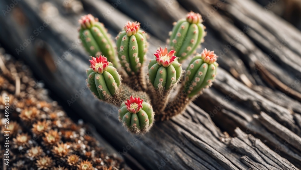 Poster close-up of colorful cactus with red flowers growing on weathered wooden surface with blurred backgr