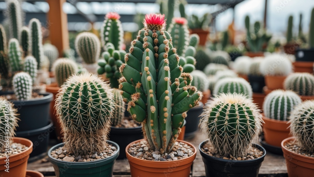 Poster Diverse assortment of cacti in pots displayed in a greenhouse with natural light and copy space for text