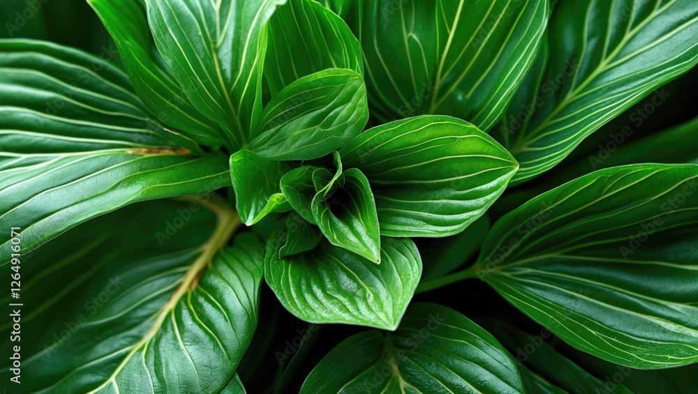 Poster Lush green foliage with textured leaves and vibrant patterns in a natural setting ideal for nature backgrounds and copy space available