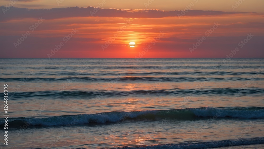 Poster sunset over calm ocean waves with vibrant colors in the sky and reflection on water copy space