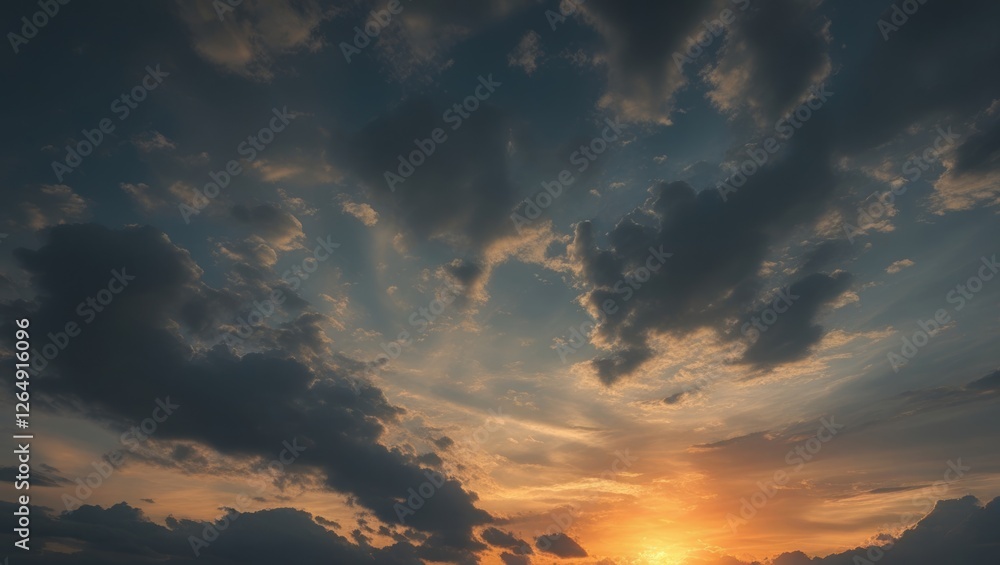Poster Sunset sky with dramatic clouds illuminating the horizon during twilight with vibrant colors and Copy Space for text placement