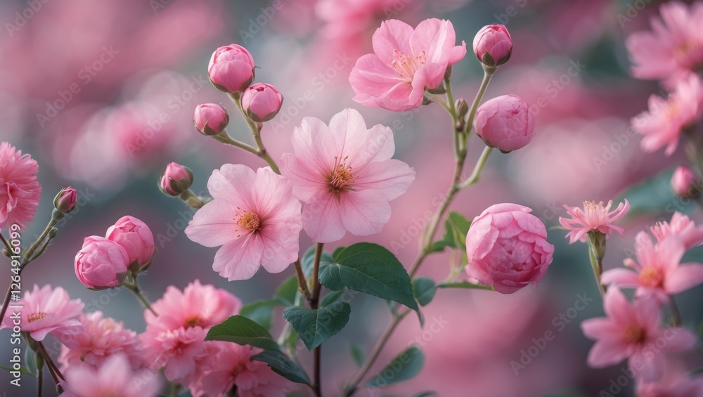 Poster Pink cherry blossom flowers in full bloom with a blurred background and soft focus suitable for graphics with copy space