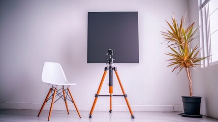 Studio Setup  Chair  Tripod  Black Backdrop  Minimalist Photography