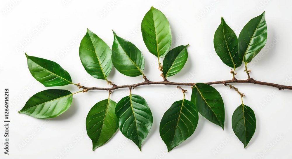 Poster green leaves on a branch over white background with text copy space