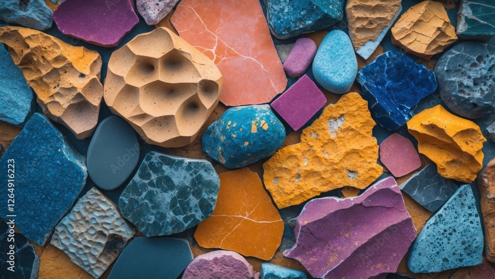 Poster Colorful assortment of different stones and pebbles arranged closely together textured background with copy space for text