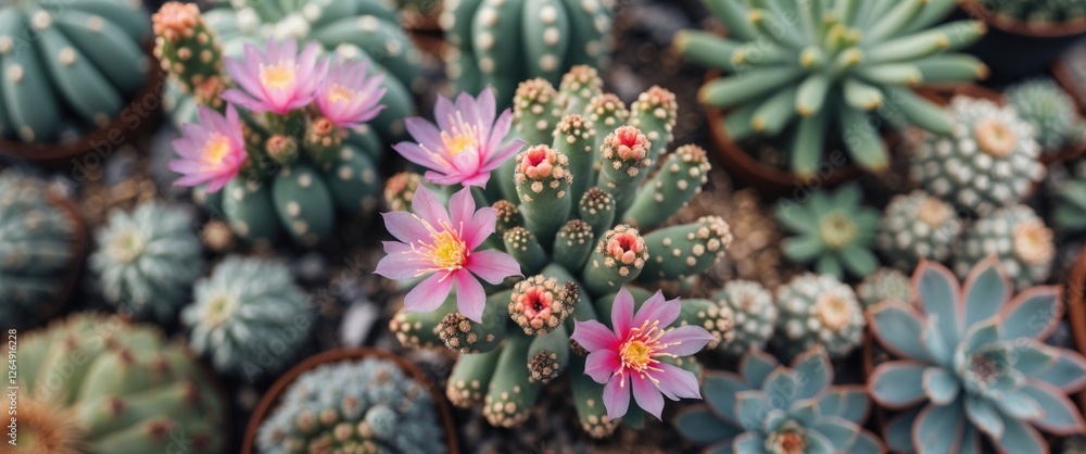 Poster cacti with pink flowers in pots surrounded by various succulent plants with copy space for text