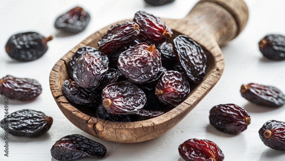 Poster dried black fruits in a wooden scoop on a light background with scattered pieces and space for text