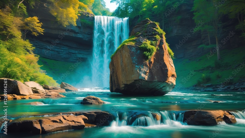Poster waterfall cascading over rocks surrounded by lush greenery and a large boulder in a serene natural l