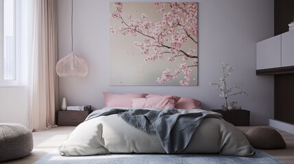 Soft and soothing bedroom featuring cherry blossom paintings, pastel decor, and a minimalist touch