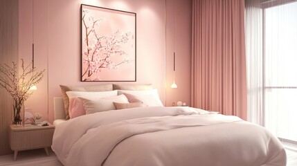 Soft and soothing bedroom featuring cherry blossom paintings, pastel decor, and a minimalist touch