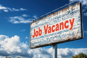 Obraz premium Vintage Job Vacancy Sign Under Bright Blue Sky with Clouds