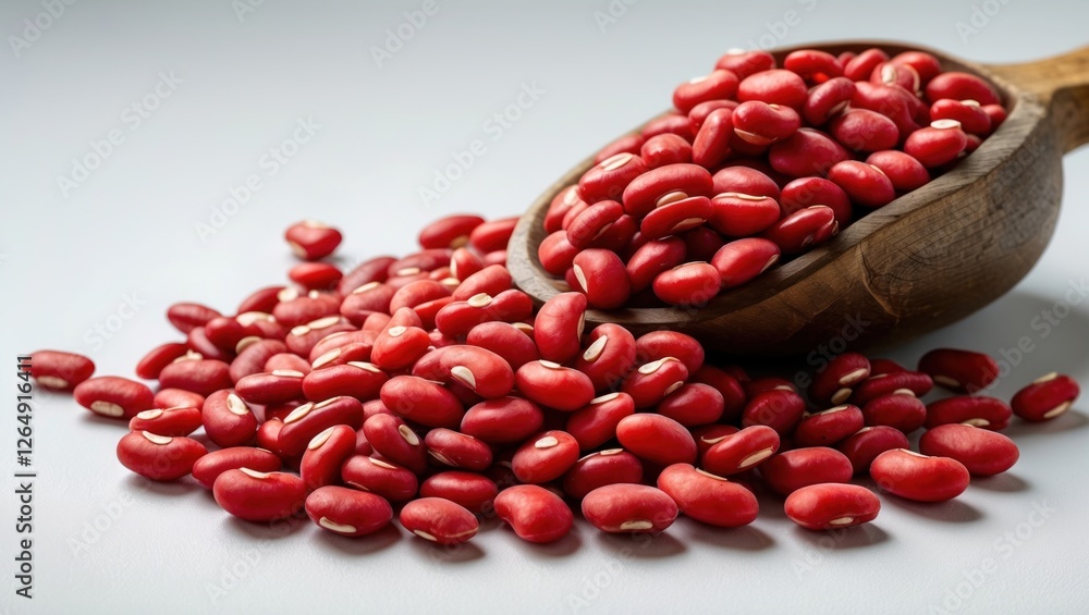 Poster Red kidney beans spilled from a wooden spoon on a light background with ample copy space for text placement