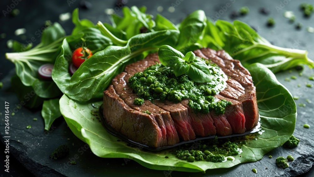 Poster grilled beef steak on fresh green salad with herb sauce and cherry tomatoes presented on dark slate 
