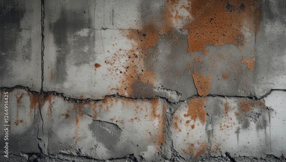 Poster weathered concrete wall with rusty stains and cracks, showcasing texture and depth, suitable for ind