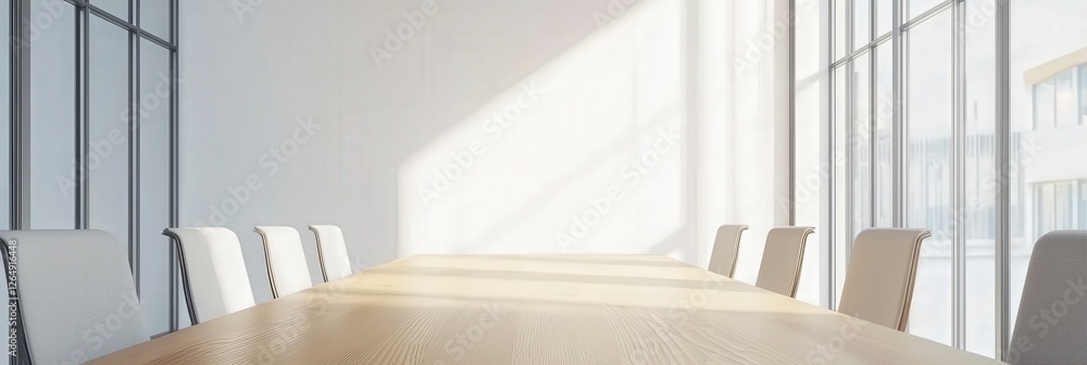 Poster a spacious conference room featuring large windows which allow natural light to flood in, creating a