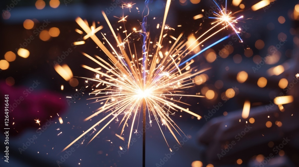 Poster Sparkler illuminated in the dark with bright sparks and bokeh effect in the background creating a festive atmosphere with Copy Space