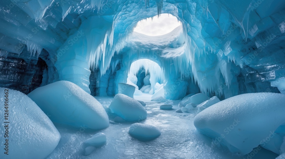 Poster icy cave interior with blue ice formations and large ice blocks, illuminated by overhead light, crea