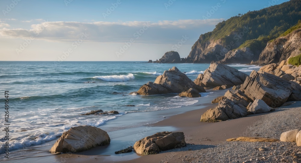 Poster Rocky coastline with waves lapping at the shore during golden hour light and scenic cliffs in the background Copy Space