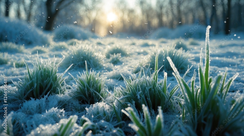 Aufkleber frost covered grass and plants in a winter landscape with soft sunlight in the background and water 