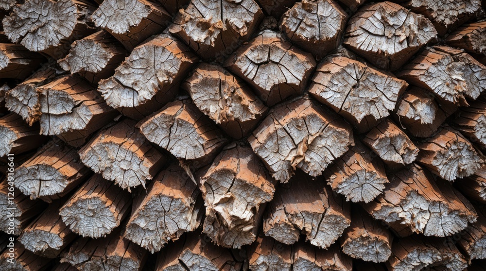 Poster close-up view of stacked logs showcasing textures and patterns of natural wood with orange and brown