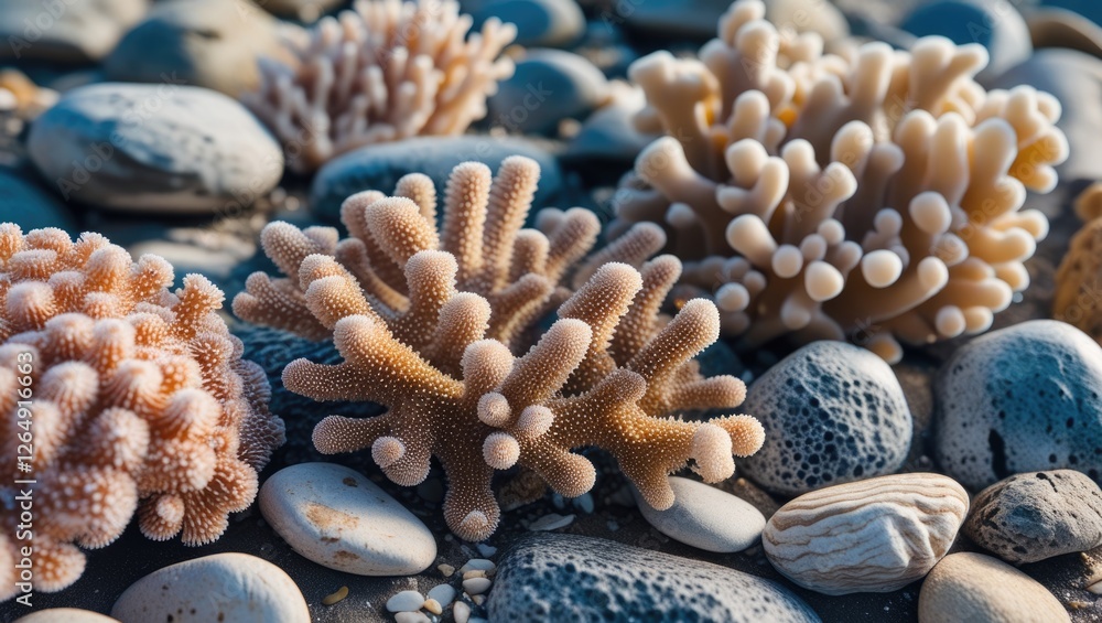 Poster coral formations on rocky seabed with pebbles in natural sunlight displaying diverse textures and co