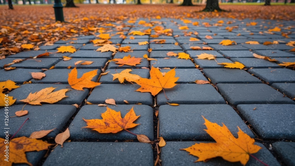 Poster autumn leaves scattered on paved surface in city park showcasing orange and yellow colors with smoot