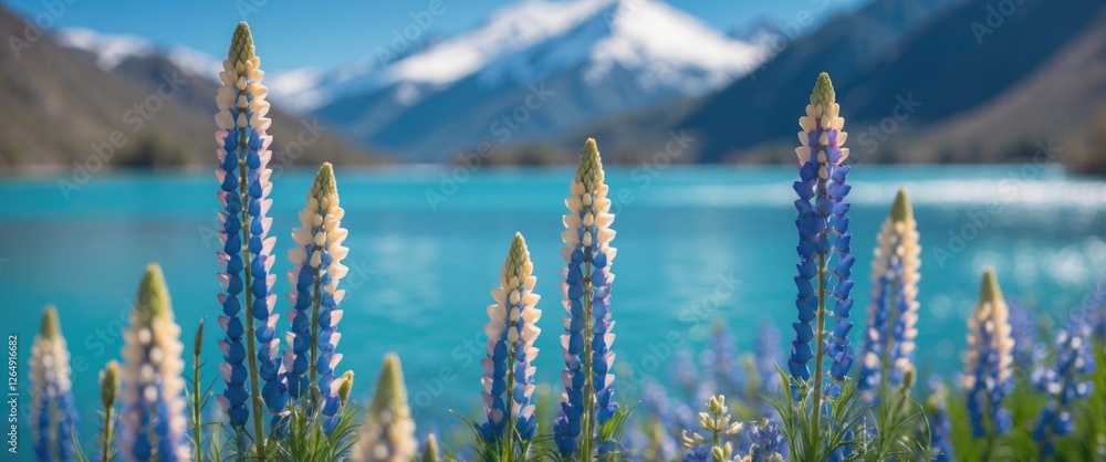 Poster mountain landscape with blooming blue and white lupines in foreground and turquoise lake with snow-c