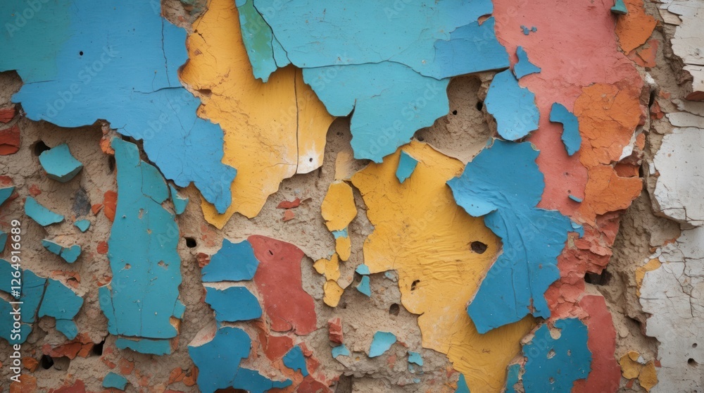 Poster colorful peeling paint on a textured wall with blue, yellow, and red fragments creating an abstract 