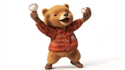 Joyful bear plays baseball, white background, kids book illustration