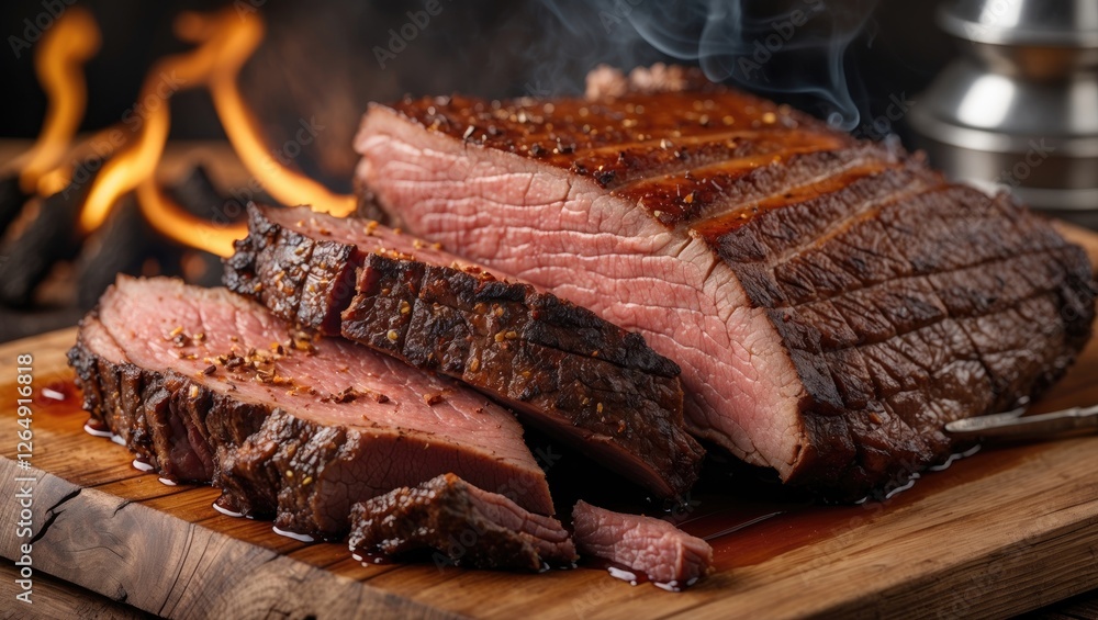 Poster slices of smoked beef brisket with seasoning on a wooden cutting board and smoke in the background c