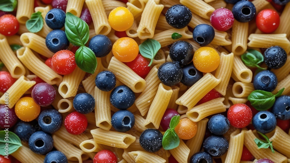 Poster colorful pasta assortment with various fruits and vegetables arranged over a textured surface. copy 