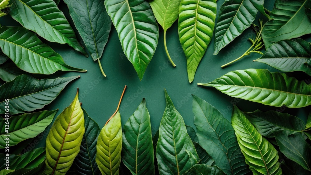 Aufkleber Variety of green leaves arranged on a dark green background showcasing different shapes and textures with ample Copy Space for text placement